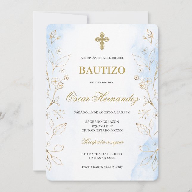 Dusty blue minimalist Baptism Spanish Invitation (Front)