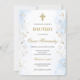 Dusty blue minimalist Baptism Spanish Invitation