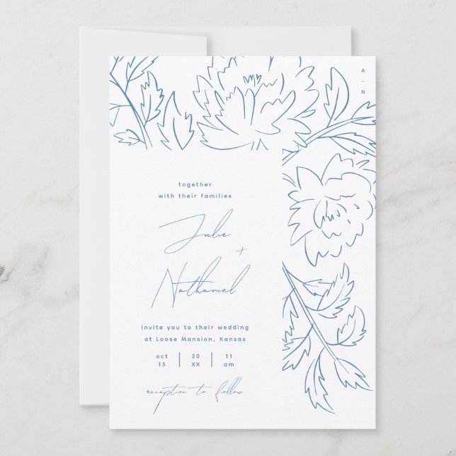 Dusty Blue Minimalist Botanical Wedding Invitation (Front)