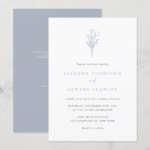 Dusty Blue Minimalist Bouquet QR Code Wedding Invitation