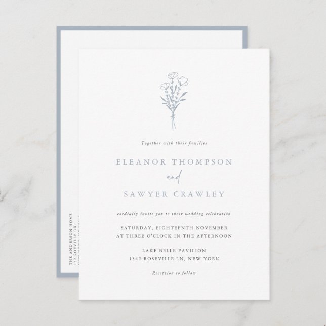 Dusty Blue Minimalist Bouquet QR Code Wedding Invitation Postcard (Front/Back)