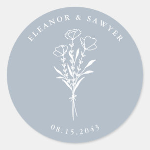 Dusty Blue Minimalist Floral Bouquet Wedding Classic Round Sticker
