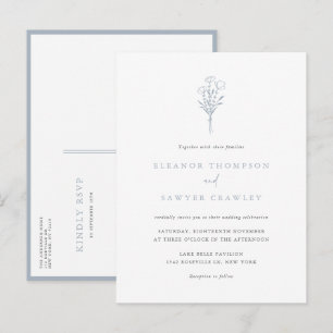 Dusty Blue Minimalist Floral Bouquet Wedding Invitation Postcard