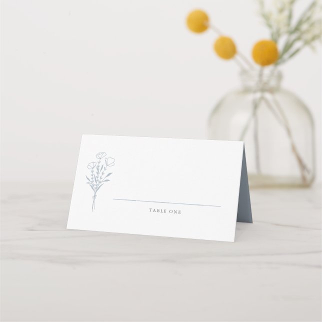 Dusty Blue Minimalist Floral Bouquet Wedding  Place Card (Front)