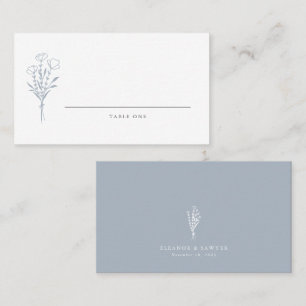 Dusty Blue Minimalist Floral Bouquet Wedding Place Card