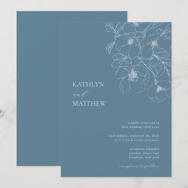 Dusty Blue Minimalist Floral Modern Wedding Invitation (Front/Back)
