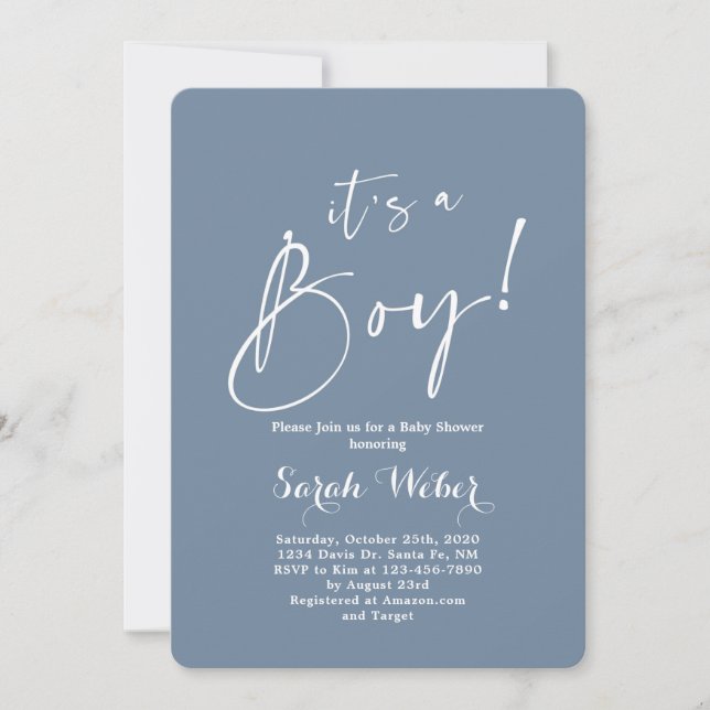 Dusty Blue minimalist modern baby shower boy Invitation (Front)