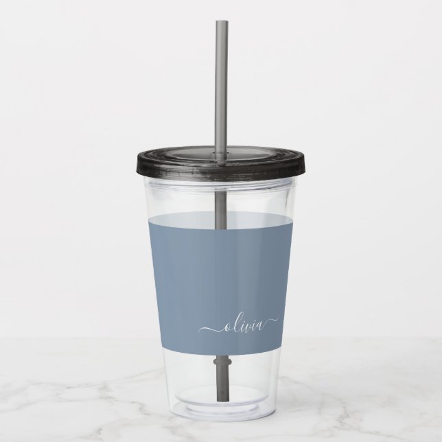 Dusty Blue Minimalist Modern Monogram Elegant  Acrylic Tumbler (Front)