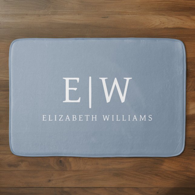 Dusty Blue Minimalist Modern Monogram Elegant Bath Mat (Creator Uploaded)