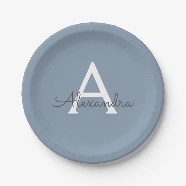 Dusty Blue Minimalist Modern Monogram Elegant  Paper Plate (Front)