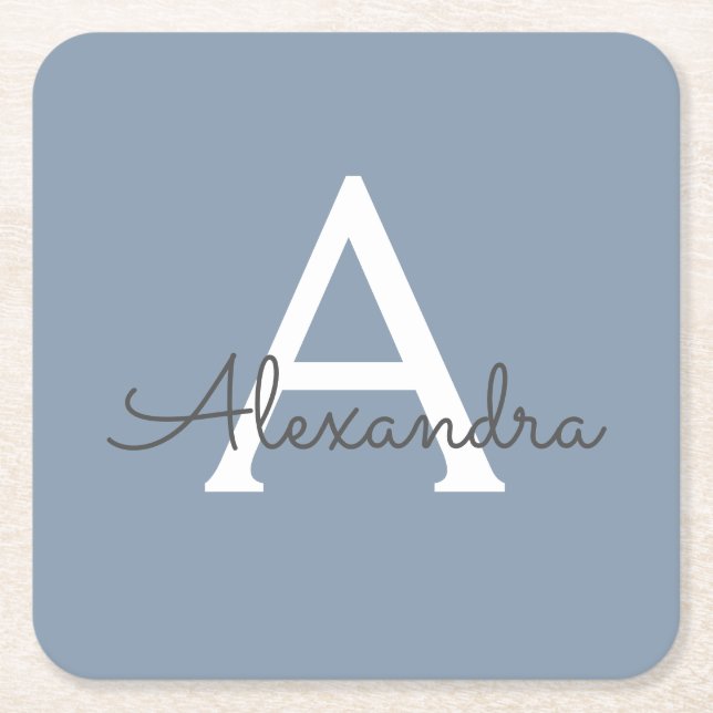 Dusty Blue Minimalist Modern Monogram Elegant  Square Paper Coaster (Front)