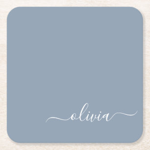 Dusty Blue Minimalist Modern Monogram Elegant  Square Paper Coaster