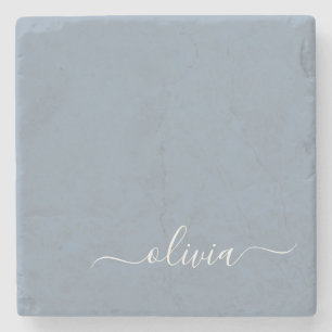 Dusty Blue Minimalist Modern Monogram Elegant  Stone Coaster