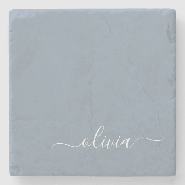 Dusty Blue Minimalist Modern Monogram Elegant  Stone Coaster (Front)