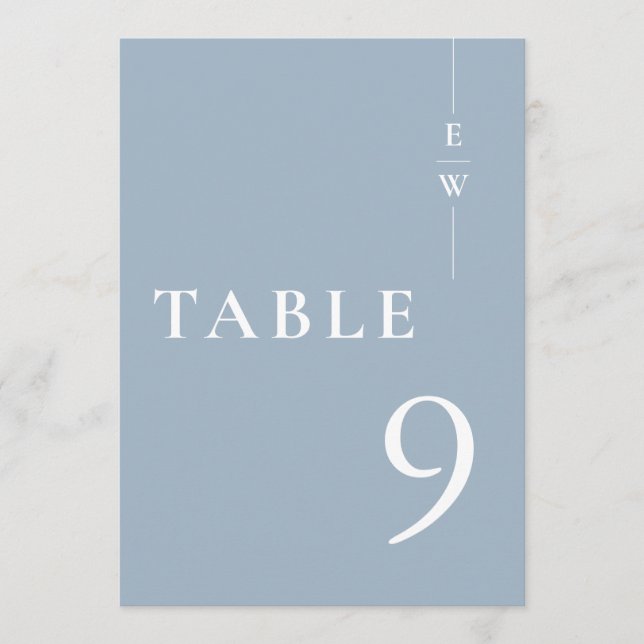 Dusty Blue Minimalist Modern Monogram Table Number (Front)