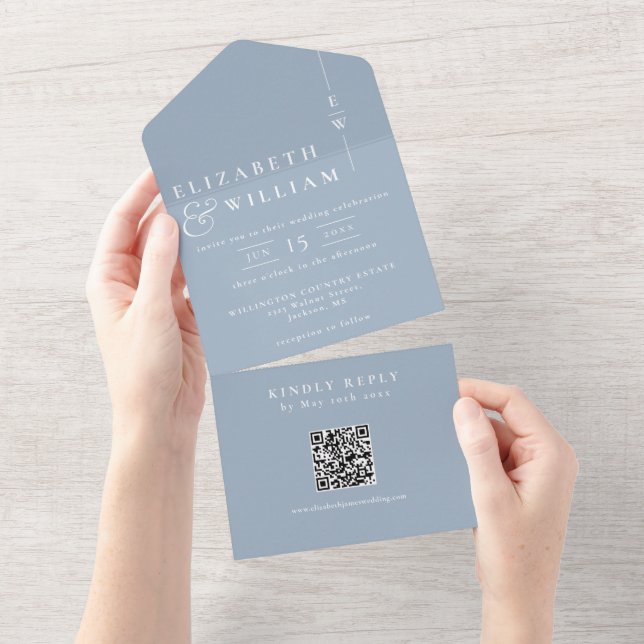 Dusty Blue Minimalist Monogram QR Code Wedding All In One Invitation (Tearaway)