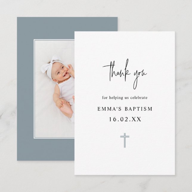Dusty Blue Minimalist Photo Baptism  Thank You Card (Front/Back)