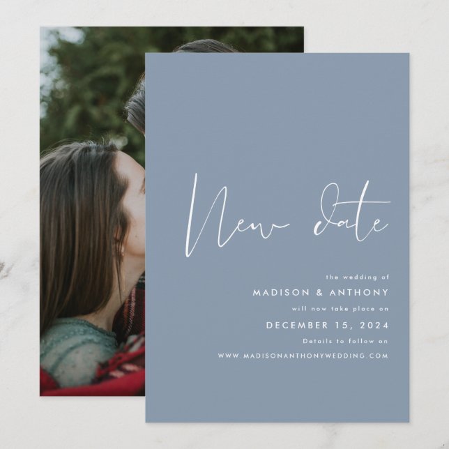Dusty Blue Minimalist Photo New Date Wedding Announcement (Front/Back)