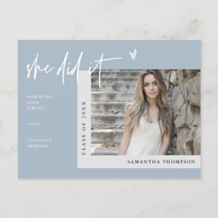 Dusty Blue Minimalist Photo She Did It Graduation  Postcard