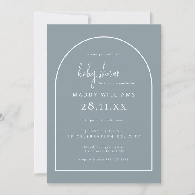 Dusty Blue Minimalist Script Arch Boy Baby Shower Invitation (Front)