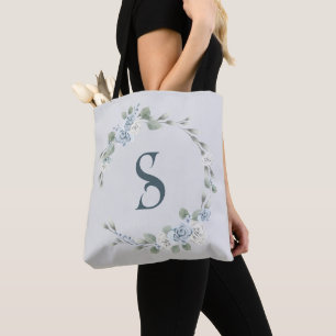 Dusty Blue Minimalist Script Initial Monogram  Tote Bag