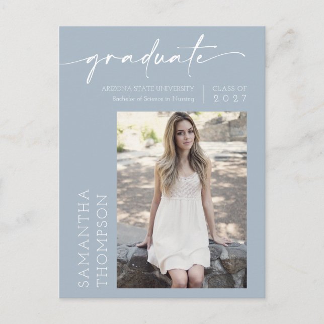 Dusty Blue Minimalist Script Two Photo Graduation Postcard (Front)