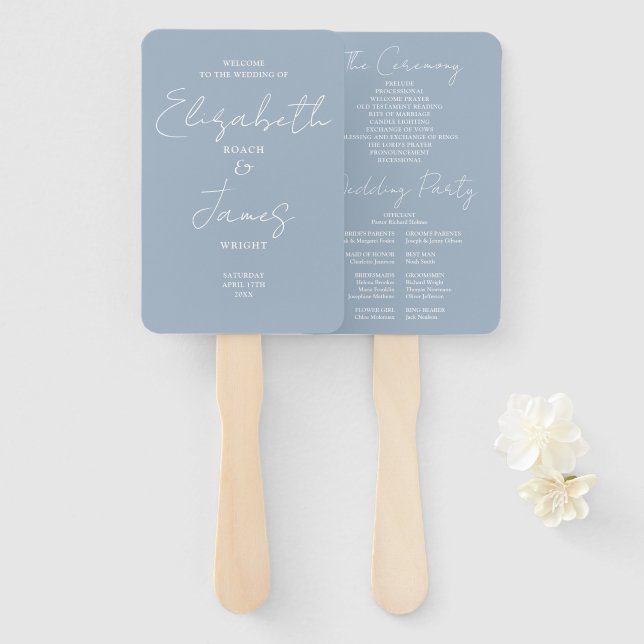 Dusty Blue Minimalist Script Wedding Program Hand Fan (Front and Back)