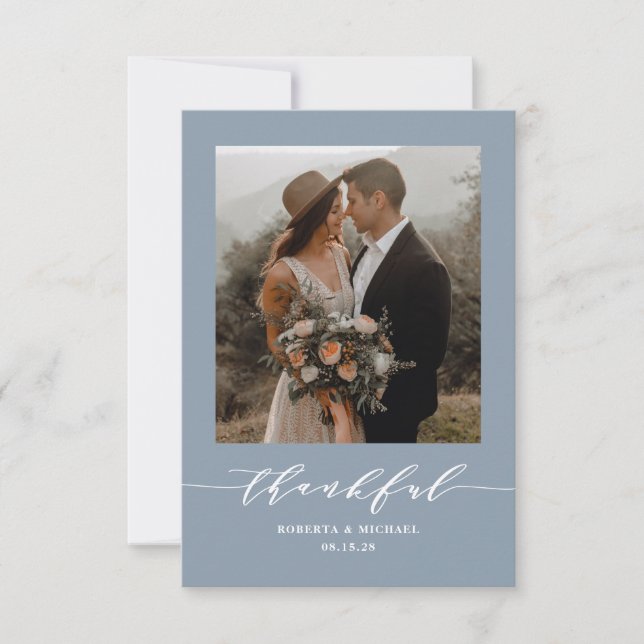 Dusty Blue Minimalist Thankful Script Wedding Thank You Card (Front)