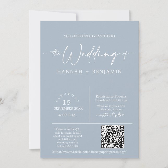 Dusty Blue Minimalist Wedding Arch QR Code Photo Invitation (Front)