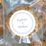 Dusty Blue Minimalist Wedding Bride Groom Favour Classic Round Sticker<br><div class="desc">Simple, minimalist and chic Wedding design features bride & groom's names in a modern design with a double framed border in Dusty Blue on a chic crisp white background. The modern design is simple and chic. Personalize wedding details with your names in trendy blue script. Be sure to see the...</div>