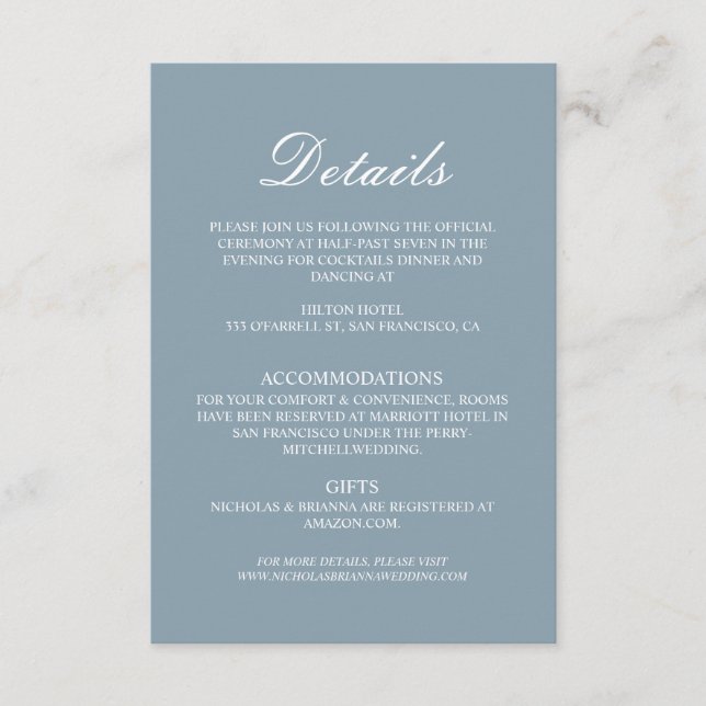 Dusty Blue Minimalist Wedding Details Enclosure Card (Front)