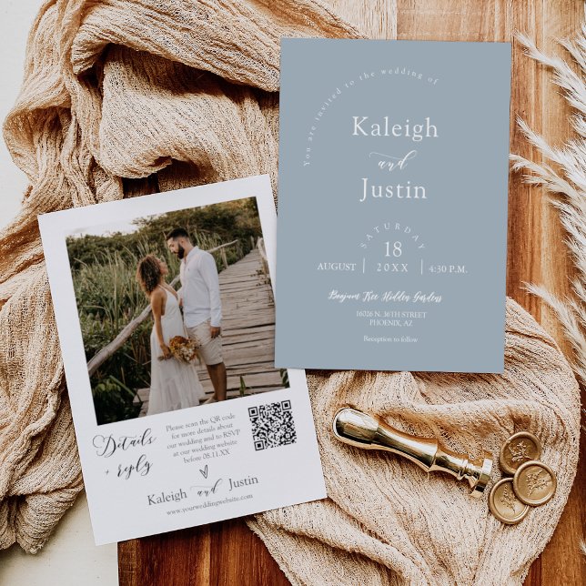 Dusty Blue Minimalist Wedding QR Code Photo  Invitation (Creator Uploaded)