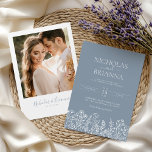 Dusty Blue Minimalist Wildflower Wedding Photo Invitation<br><div class="desc">Dusty Blue Minimalist Wildflower Wedding Photo Invitation. Easily personalize by replacing each info. Please upload a vertical/portrait photo. Make sure to check the preview before adding to cart. (Sample Photo by Jonathan Borba from Pexels)</div>