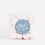 Dusty Blue | Mint to Be Personalized Wedding Favou Classic Round Sticker<br><div class="desc">Punny wedding favour stickers feature "mint to be" in white hand lettered script accented with hearts,  on a dusty blue background. Personalize with your names and wedding date.</div>