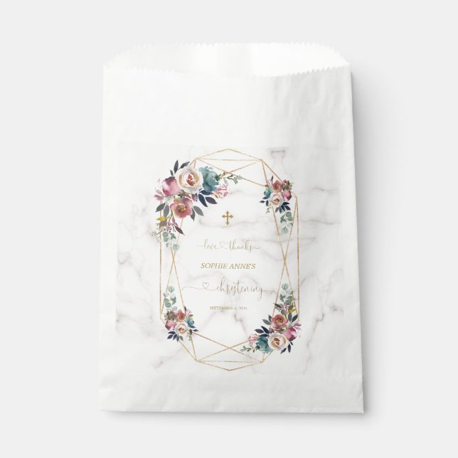 Dusty Blue Misty Rose Flowers Gold Christening Favour Bag (Front)