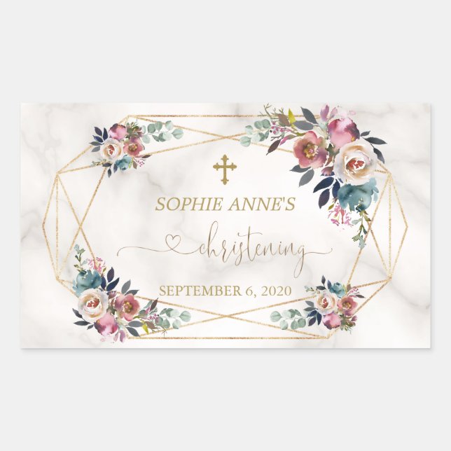 Dusty Blue Misty Rose Flowers Gold Christening Sticker (Front)