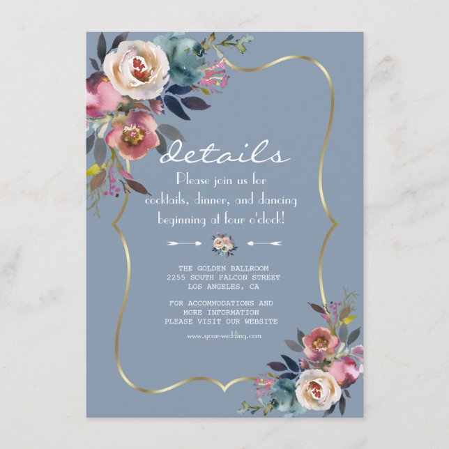Dusty Blue Misty Rose Flowers Gold Wedding Details Enclosure Card (Front)