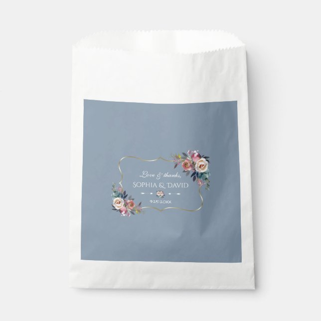 Dusty Blue Misty Rose Flowers Gold Wedding Favour Bag (Front)