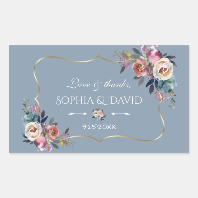 Dusty Blue Misty Rose Flowers Gold Wedding Sticker (Front)