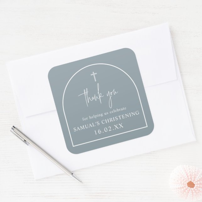 Dusty Blue Modern Arch Minimalist Baptism   Square Sticker (Envelope)