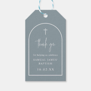 Dusty Blue Modern Arch Script Minimalist Baptism  Gift Tags