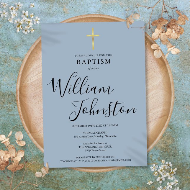 Dusty Blue Modern Baptism Christening Gold Cross Invitation (Creator Uploaded)