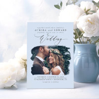 Dusty Blue Modern Boho Mariage Photo Invitation