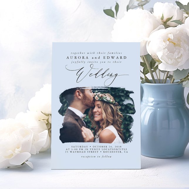 Dusty Blue Modern Boho Mariage Photo Invitation (Elegant Minimalist Wedding Photo Invitations in a Dusty Blue Color)