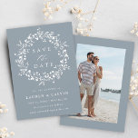 Dusty Blue Modern Boho Wildflower Wedding Photo Save The Date<br><div class="desc">This elegant wedding save the date card features wildflowers silhouette wreath with your photo on the back.  For more advanced customization of this design,  please click the BLUE DESIGN TOOL BUTTON above!</div>