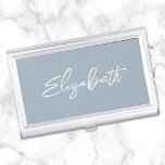 Dusty Blue Modern Brush Script First Name Business Card Holder<br><div class="desc">A first name business card case holder for her. The script is a lovely, brush stroke modern handwritten script that is a perfect gift for her. The decorative brush stroke style may require you to re-centre your given name. You may also customize the white font colour and calligraphy style. The...</div>