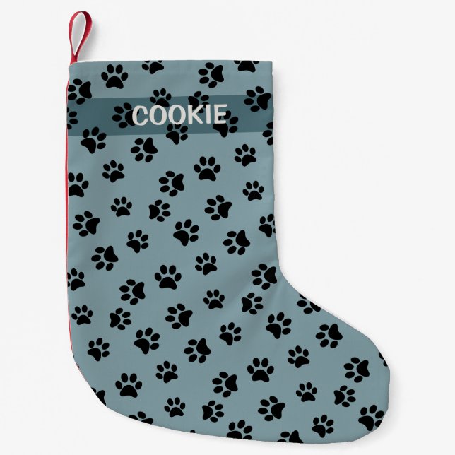 Dusty Blue Modern Cute Paw Pattern Add Name Dog Small Christmas Stocking (Front)