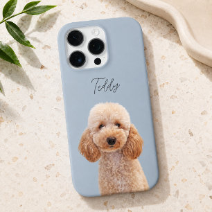 Dusty Blue Modern Dog Photo and Script Pet Name iPhone 16 Pro Case