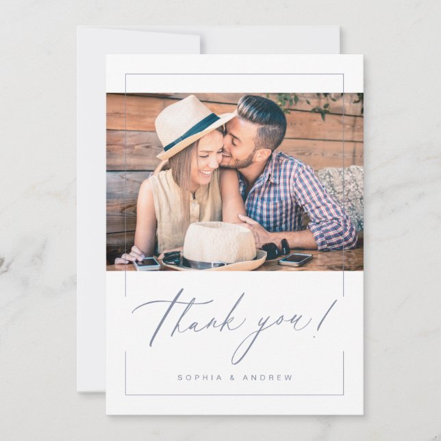 Dusty blue modern elegant script photo wedding thank you card (Front)