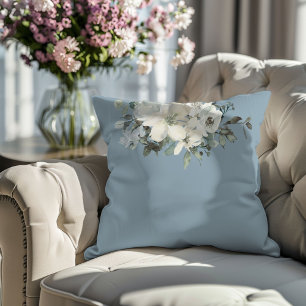 Dusty Blue Modern Farmhouse Watercolor Floral  Throw Pillow